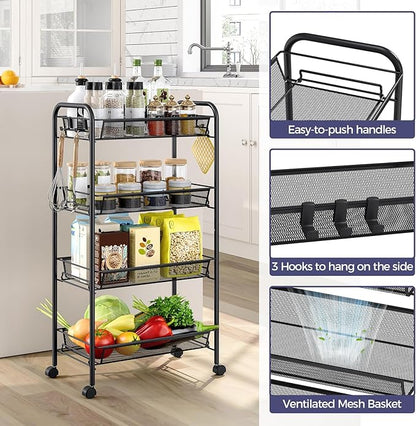 4-Tier Metal Utility Cart, Mesh Wire Rolling Cart on Wheels, Storage Trolley with Easy Assembly, Organizer Craft Cart 3 Hooks, Mobile Shelving Unit for Bathroom, Laundry Room, Home