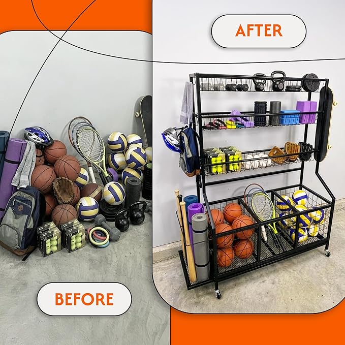 AMPLY Sports Equipment Organizer, Rolling Sports Ball Storage Garage Rack with Large Ball Bins, Side Bat Grid and Multi-Tier Shelves, Steel Rust-Resistant Gear Cart for Families, Schools, Gyms