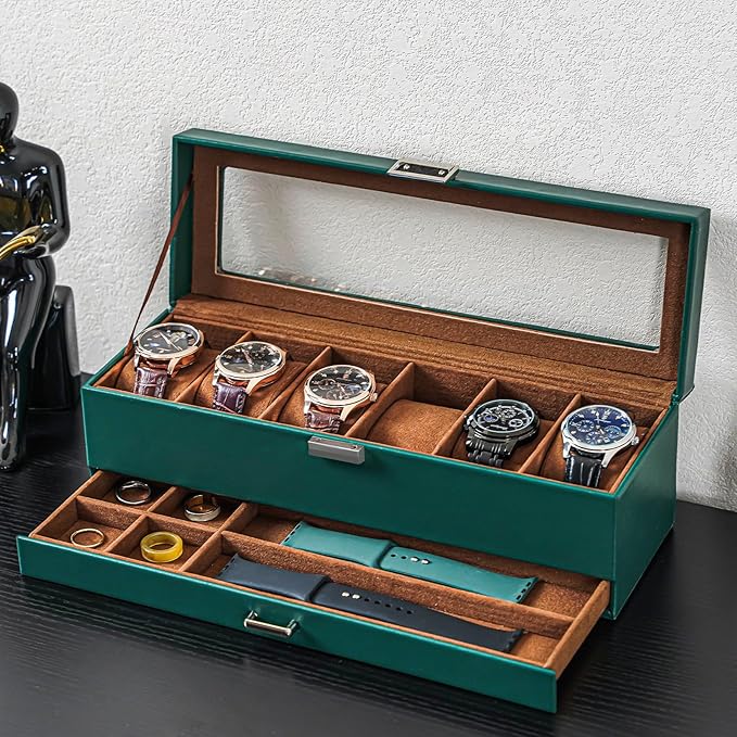 ProCase Watch Box, 6 Slot Watches Display Case with Drawer, Mens Watch Case with Glass Lid, 2-Layer Mens Jewelry Organizer Storage Holder, Birthday Valentine Gifts for Men -6 Slot, MidnightGreen