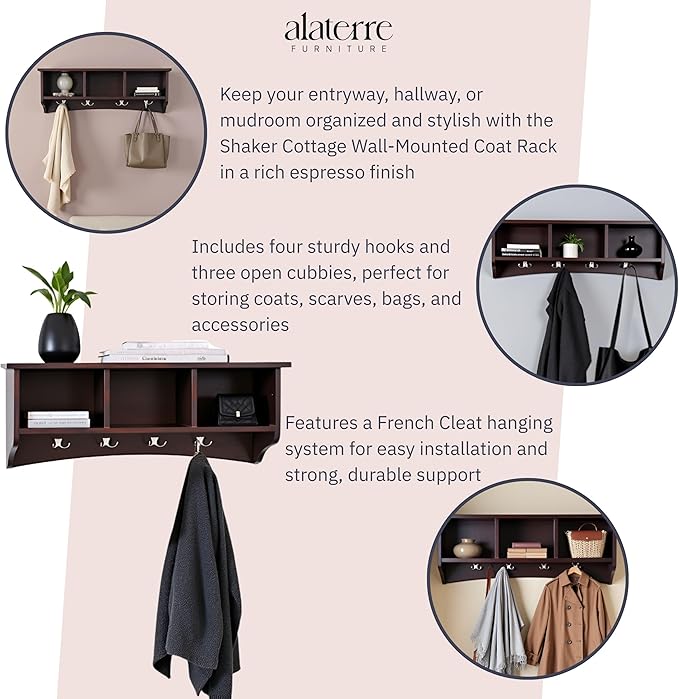 Shaker Cottage Wall-Mounted Coat Rack with 3 Storage Cubbies and 4 Hooks – Space-Saving Storage Rack and Wall Shelf Organizer for Entryway, Hallway, or Mudroom by Alaterre Furniture (Espresso Finish)