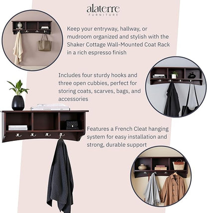 Shaker Cottage Wall-Mounted Coat Rack with 3 Storage Cubbies and 4 Hooks – Space-Saving Storage Rack and Wall Shelf Organizer for Entryway, Hallway, or Mudroom by Alaterre Furniture (Espresso Finish)
