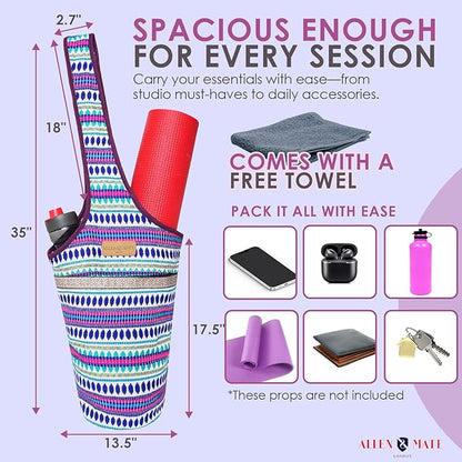ALLEN & MATE 100% Cotton Yoga Mat Bag for Women and Men, Large Pocket with Zipper Storage, Shoulder Strap Carrier for Yoga and Pilates Mats