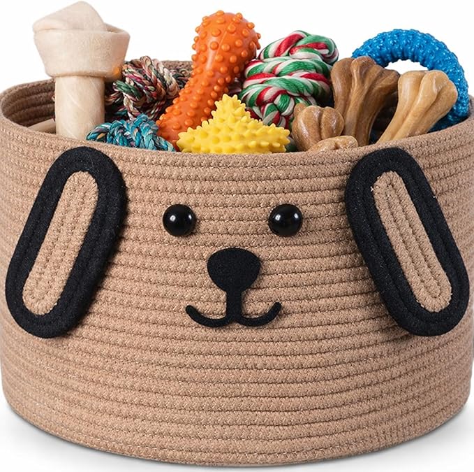 Zopeal Dog Woven Basket, 11.8" D x 6.7" H Cotton Rope Toy Storage Organizer, Dog Mom Gift Empty, Cute Laundry Puppy Gift Animal Basket for Clothes, Towels, Toy, Laundry, Bathroom, Home(Khaki, Black)