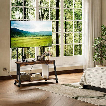 Mobile TV Stand with Charging Station and Adjustable Mount, 2-Tier Rolling TV Console Table for TVs up to 70 inch, for Living Room, Bedroom, Rustic Brown and Black TDS10UBF