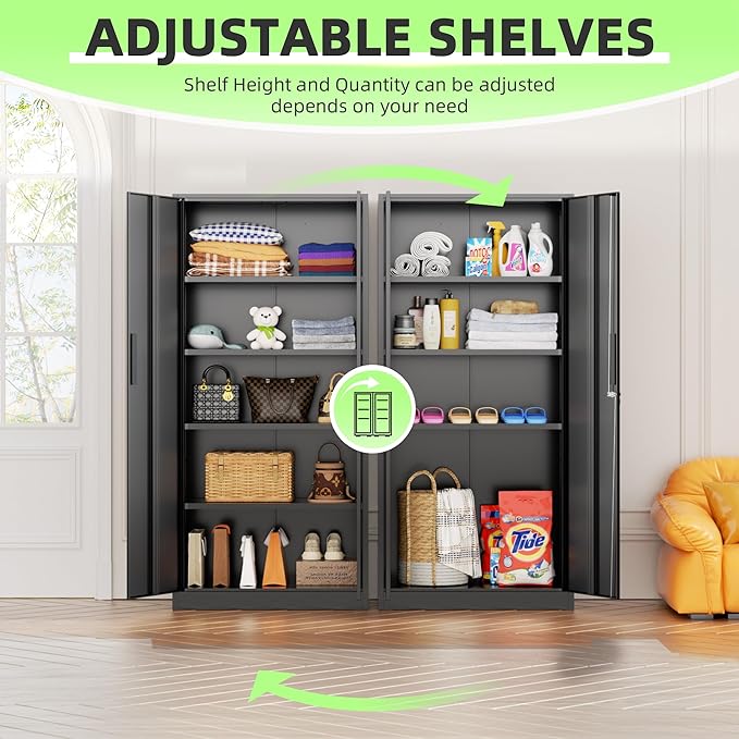 Bonusall 72" Storage Cabinet,2 Locking Doors & 4 Adjustable Shelves,Tall Cabinets,Heavy Duty Steel Cabinet for Home, Office, Warehouse, School (Black)