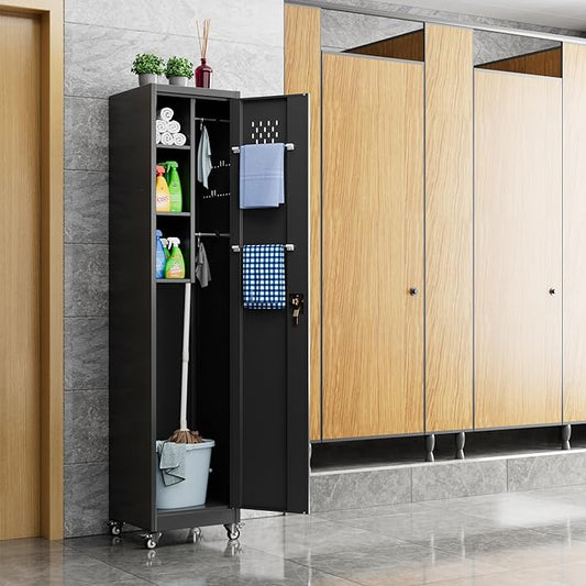 Broom Closet Storage Cabinet, 72" H Garage Storage Cabinet with Wheels, Lockable Door and Hooks for Garage Cleaning Supplies Broom Mops, Black, Assembly Required