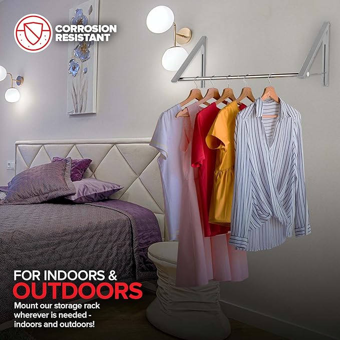 Double Foldable Clothing Rack w/ Extension Rod, Wall-Mounted Retractable Clothes Hanger for Laundry Dryer Room, Hanging Drying Rod, Small Collapsible Folding Garment Racks, Dorm Accessories (Chrome)