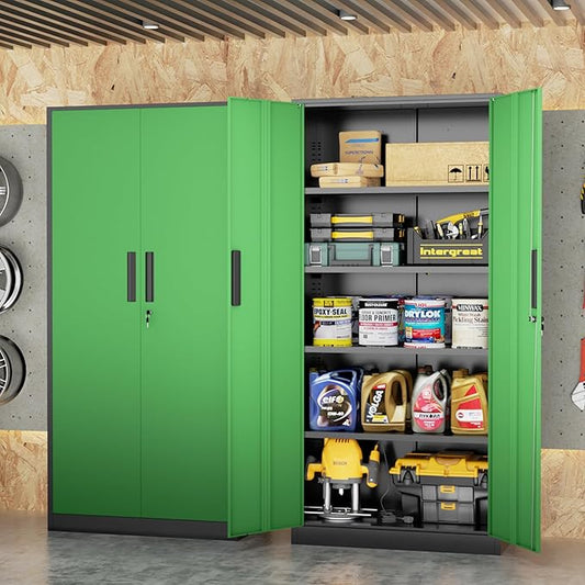 INTERGREAT Metal Storage Cabinet, Garage Steel Locking Cabinets with Doors and 4 Adjustable Shelves, Tall Lockable File Tool Cabinets for Home Office, Classroom Cabinet Basement, Black-Green