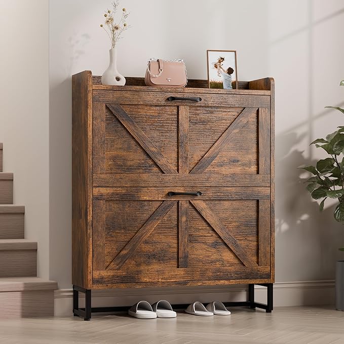 Betterhood Entryway Shoe Cabinet with 2 Flip Drawers, Farmhouse Slim Shoe Rack, Freestanding Hidden Shoe Organizer with Metal Legs, Shoe Cabniet for Entryway with Storage, Hallway, Foyer, Brown