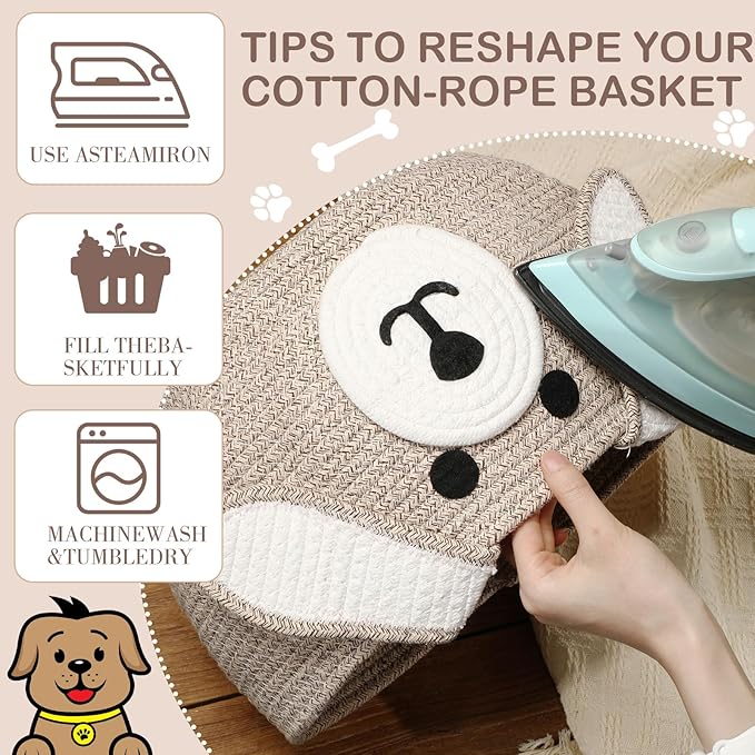 Zopeal Dog Woven Basket Cute Woven Cotton Rope Puppy Animal Storage Basket for Laundry Toy Gift(Brown, White,13 x 8 Inch)