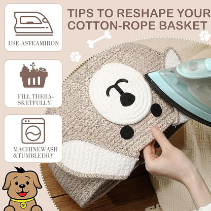 Zopeal Dog Woven Basket Cute Woven Cotton Rope Puppy Animal Storage Basket for Laundry Toy Gift(Brown, White,13 x 8 Inch)
