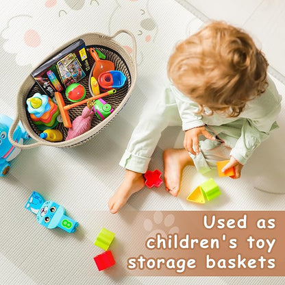 Small Woven Baskets for Organizing Rope Storage Basket with Handle Cute Cotton Nursery Gift Dog Toy Bins Organizer-Black&Beige