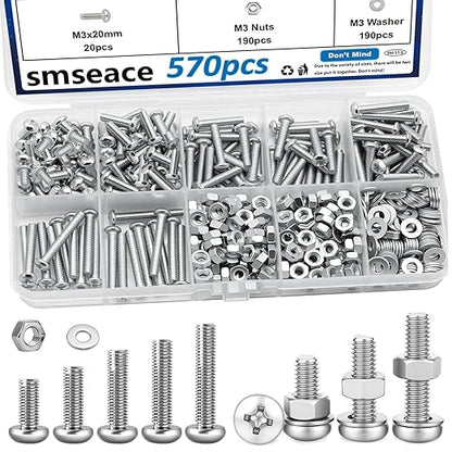 smseace 570Pcs M3 Screws Assortment Kit M3x6/10/14/16/20mm 5-Sizes Bolt Washer Assortment Kit for Machinery, Furniture, Automotive,DIY, 3D Printer, Motorcycle Repairs