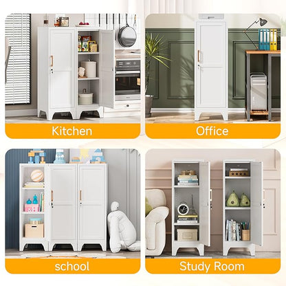 46"H White Metal Locker with 1 Lockable Door and 2 Adjustable Shelves For Employees,3 Tier Small Storage Cabinet with Detachable Legs and Vintage Handle for Kitchen, Office,School,Gym,Easy Assembly