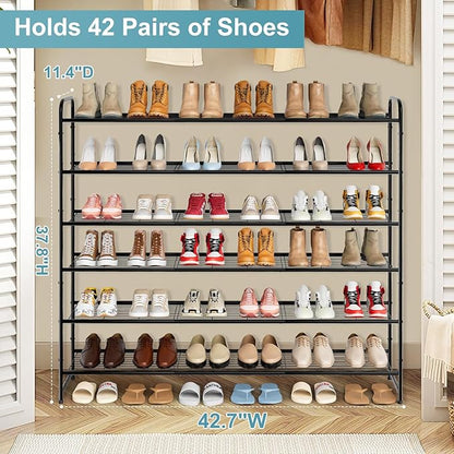 AOODA Long 6 Tier Metal Shoe Rack for Closet Wide Stackable Shoe Storage Organizer for Entryway, Bedroom, Floor, 42-Pairs Men Sneakers Shoe Shelf with Wire Grid, Black