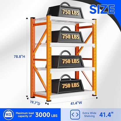 42" W Garage Storage Shelves,3000LBS Garage Shelving Heavy Duty Adjustable Shelving Unit,4 Tier Metal Utitly Shelves Industrial Shelving for Warehouses,Basement,Orange-White