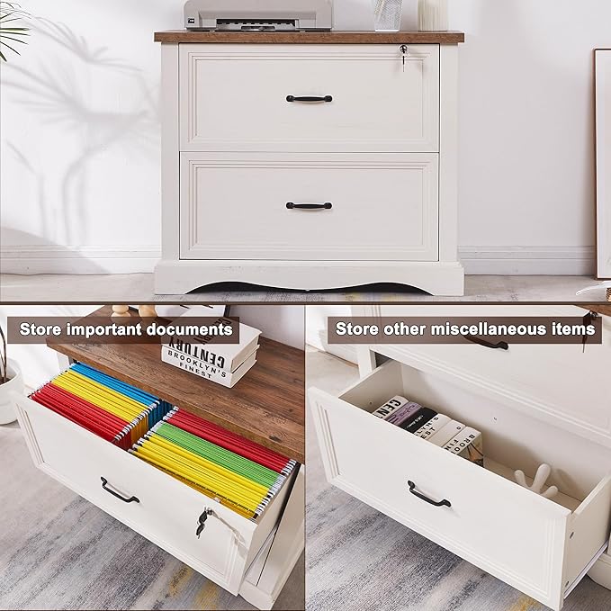 34.6" Farmhouse File Cabinet,Wood File Cabinet with Hanging File Folders,Top Drawer Lockable,Lateral Filing Cabinet for Home Office Compatible with Letter/Legal/A4 Size (2)