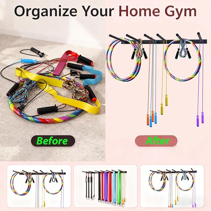 Wall Mounted Jump Rope Rack - 6 Peg Wall Mounted Gym Organizer Rack, Heavy-Duty Metal Purpose Hoop Rope Holder for Resistance Bands, Home/Gym Storage