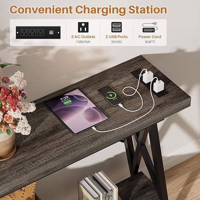 Homieasy 70.9 Inch Console Table, Industrial Sofa Table Behind Couch with Charging Station & Storage Shelf, Entryway Table for Living Room & Entryway, Grey