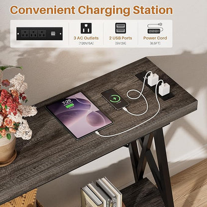 Homieasy 70.9 Inch Console Table, Industrial Sofa Table Behind Couch with Charging Station & Storage Shelf, Entryway Table for Living Room & Entryway, Grey