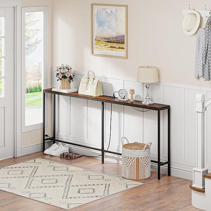 ZENY 70 Inch Console Table with Outlet, Narrow Sofa Table with Charging Station, Hallway Table for Living Room, Entryway, Foyer, Rustic Brown