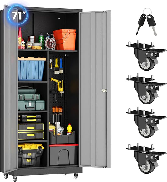 Garage Storage Cabinet with 4 Wheels,Lockable Tool Cabinets with Pegboard and 4 Adjustable Shelves,71" H Broom Closet Cabinets for Utility Room,Workshop