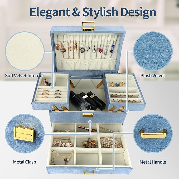 Dajasan Jewelry Organizer Box, Large Jewelry Boxes for Women Girls, Compact 3 Layers Jewelry Storage Case with Drawer, Gift Idea for Christmas, Valentine's Day, Birthday, Mother's Day (Blue)