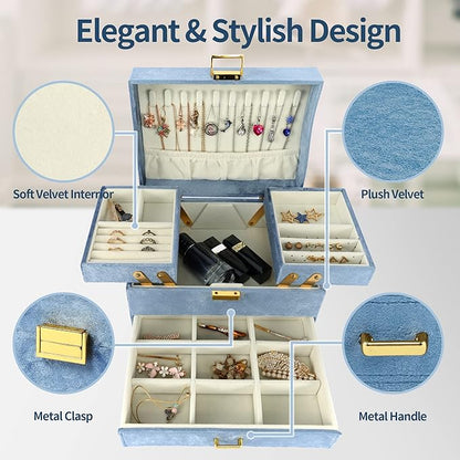Dajasan Jewelry Organizer Box, Large Jewelry Boxes for Women Girls, Compact 3 Layers Jewelry Storage Case with Drawer, Gift Idea for Christmas, Valentine's Day, Birthday, Mother's Day (Blue)