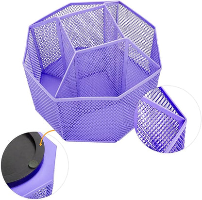 Annova Mesh Desk Organizer Rotate with 5 Compartments Spinning Tidy Candy/Pen Holder Office, Art Supply, Storage, Classroom, Home (Purple)
