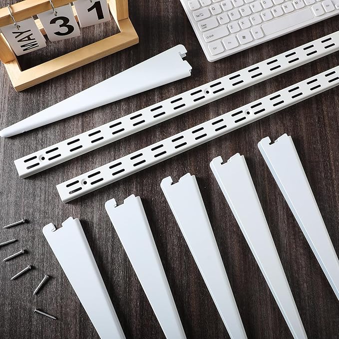 8 Pcs White Twin Rail Upright Wall Shelving System 25 Inch with Adjustable Shelf Bracket 11.5 Inch Heavy Duty Storage Rack Metal Support System for Kitchen Closet Home Indoor