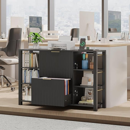 File Cabinet for Home Office, Fluted Filing Cabinet with Charging Station, 2 Drawers Fit Letter/Legal/A4 with Tabs, Printer Stand with Lock & 2 Power Outlets, 6 Shelves (1, Black)