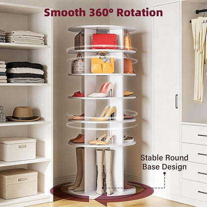 JUMMICO Rotating Shoe Rack Tower, 6-Tier Vertical Closet Storage Organizer for Shoes, Handbags & Tall Boots, 360° Spinning Lazy Susan Base, Space-Saving for Bedroom & Closet (White)