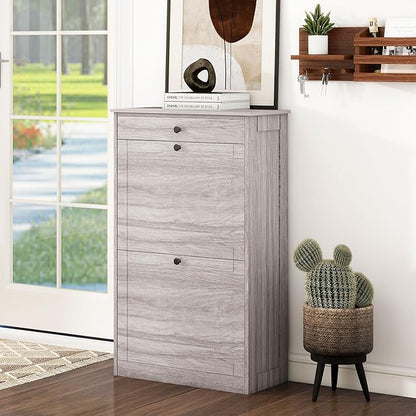 Shoe Storage Cabinet with 2 Flip Drawers, Narrow Freestanding Hidden Shoe Rack Cabinet, Pet-Proof Shoe Organizer for Closet, Entryway, Hallway, Wash Grey