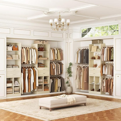Closet System, 4-8 FT Closet Organizer Systems with 2 Wooden Drawers and 5 Hanging Rods, Can Fit 60 to 96 inch Walk-in Closet System, Greige Oak
