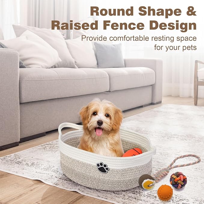 Dog Toy Basket, Toy Box and Bin for Dog Cat Storage, 13.5" X 11" X 5" Small Woven Rope Basket for Baby Storage, Closet, Living Room, White & Brown