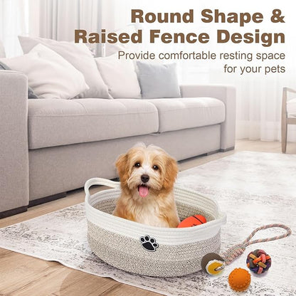 Dog Toy Basket, Toy Box and Bin for Dog Cat Storage, 13.5" X 11" X 5" Small Woven Rope Basket for Baby Storage, Closet, Living Room, White & Brown
