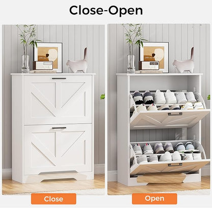 Farmhouse Shoe Cabinet for Entryway with Barn-Style Flip Drawers, Narrow Shoe Storage Organizer with Top Display Shelf, Adjustable Shelves, Shoe Rack for Hallway, Closet- (White, 24")
