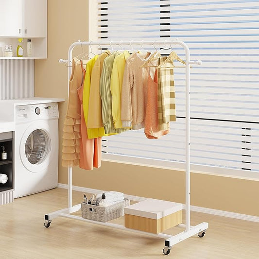 Sywhitta Clothing Rack on Wheels with Storage Shelf & Sturdy Metal Frame, Retail Clothing Rack for Hanging Clothes, Coats, Skirts,Space-Saving Mobile Organizer for Closet, Bedroom, Laundry Room, White