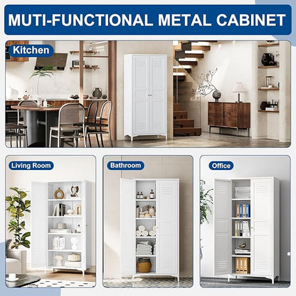 Metal Storage Cabinet-61” Tall Steel File Cabinets with Doors and 4 Adjustable Shelves-White Steel Storage Cabinet for Home,Kitchen, School, Office, Garage