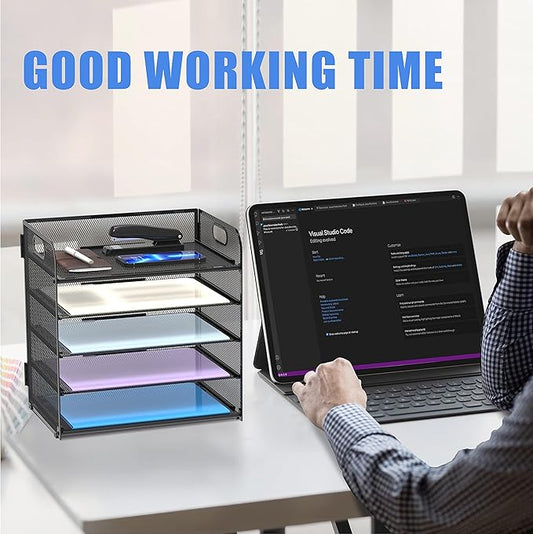 Supeasy 2 Pack 5-Tier Desk Organizer with Handle Mesh Desk File/Paper Organizer Letter Tray for Office, School and Home Easy Installation, Black