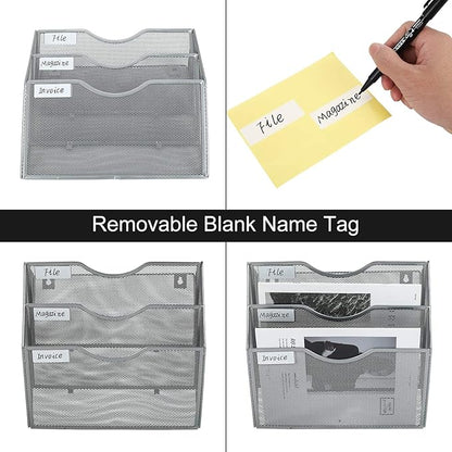 PAG Hanging Wall File Holder Mail Organizer Wall Mount Document Letter Rack, 3-Tier, Silver