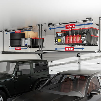FLEXIMOUNTS Overhead Garage Storage Rack Lift, 4x4 Ft Heavy-Duty Garage Ceiling Storage Racks, Adjustable Organization System With 71'' L Axle, 350lbs Load Capacity, Flat Black