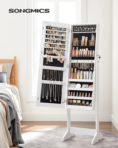 SONGMICS Jewelry Cabinet Armoire, Freestanding Lockable Storage Organizer Unit with 2 Plastic Cosmetic Storage, Full-Length Frameless Mirror, for Necklace Earring, White UJJC002W01