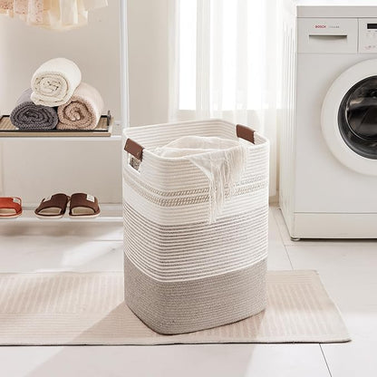 75L Tall Laundry Hamper with Handles for Living Room Storage, Large Woven Rope Baskets Bin for Blanket, Kids Toy, Gifts, Wicker Hamper for Bedroom Dirty Clothes, 16"x13"x22" White Brown