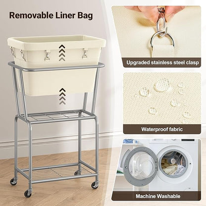 ELYKEN Rolling Laundry Hamper with Wheels, Laundry Cart with Removable Bag, Heavy Duty Metal Frame, 2-Tier Clothes Basket Hamper with Shelf for Closet, Bedroom, Bathroom, Laundry Room, Cream