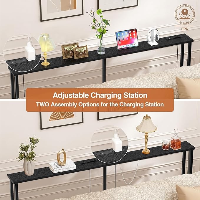 102" Narrow Console Sofa Table - 2 Power Outlets & 4 USB Ports, Metal Frame, Black, Perfect for Hallway, Office, and Behind Sofa - Easy Assembly, 4.9' Extension Cord Included