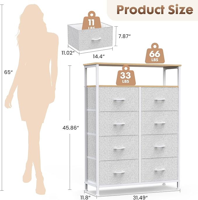 DUMOS Fabric Dresser for Bedroom with 8 Drawers, Tall 8-Drawer Chest of Drawers with Raised Shelf, Storage Tower with Fabric Bins for Closet Organization, Hallway Storage, Light Grey