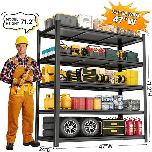 47" W x 24" D Wire Shelving Unit, 5 Tier Heavy Duty Garage Storage Shelves, 2500LBS Capacity, Adjustable Commercial Metal Utility Rack for Garage, Restaurant, 47" W x 24" D x 71.2" H