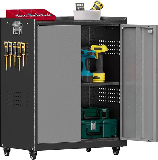 Garage Storage Cabinet with Wheels, Metal Storage Cabinets for Hanging Tools, Rolling Tool Cabinet, 34''H Heavy Duty & Rust Resistant Storage Cabinet for Garage, Warehouse, Office