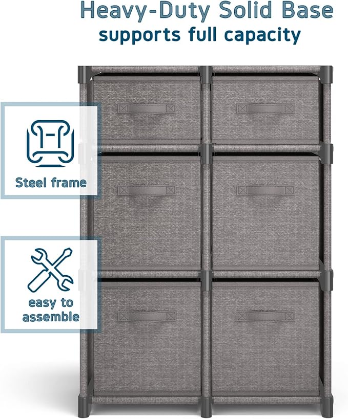 6 Cube Storage Organizer - Gray Cube Organizer Shelf, DIY Storage Cubes Organizer Shelves with Fabric Storage Cubes, Sturdy Cubbies Storage Shelves, Cube Storage Shelf for Bedroom, Playroom and More